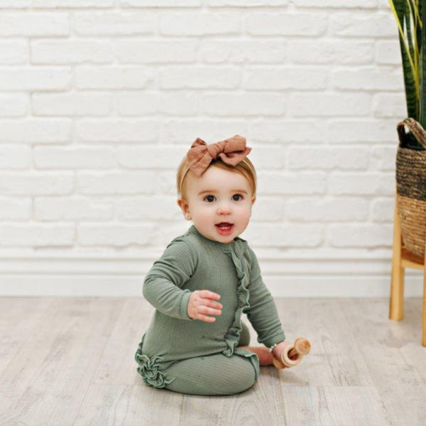 ruffle-2-way-zip-romper-ribbed-evergreen Presley Couture at Sophia's Style-Baby Zip Romper-1